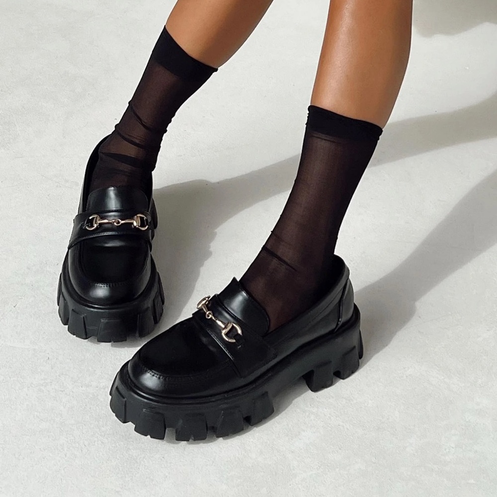 Princess Polly Penny Land Chunky Black Loafers with Gold Accent